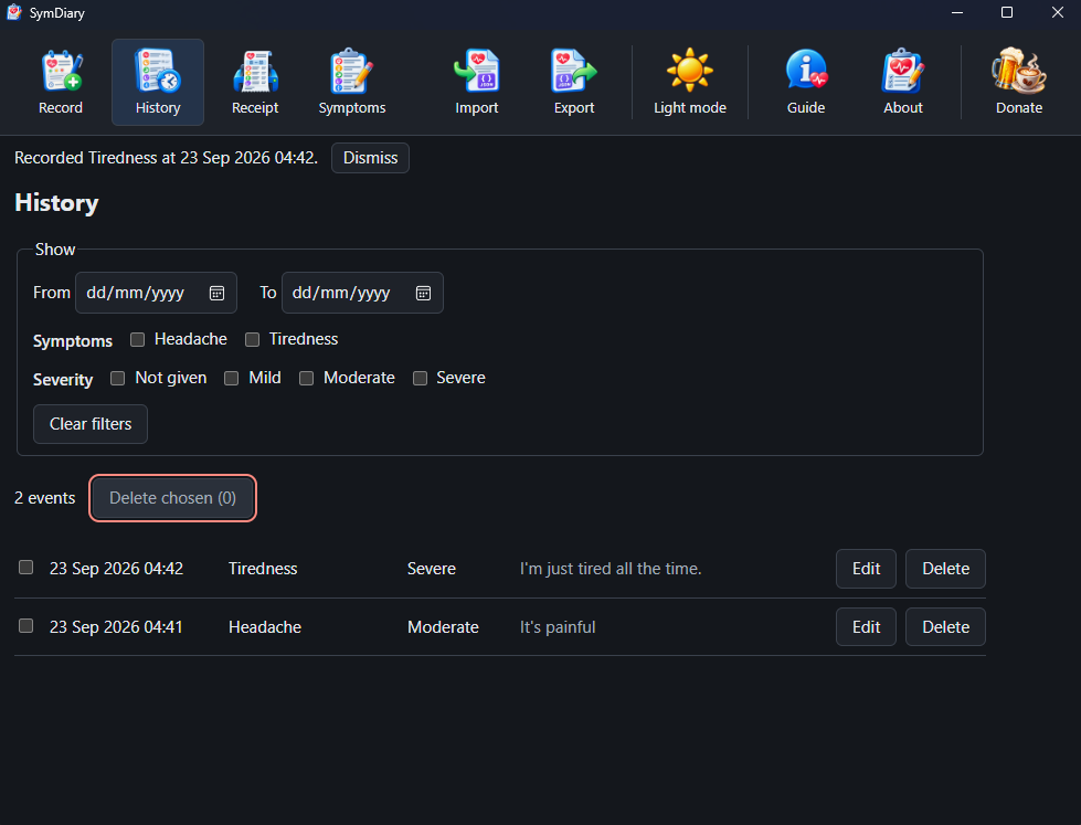 The history list with two recorded events, above filters for dates, symptoms and severity.