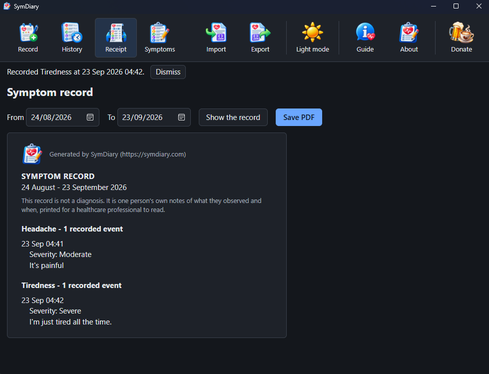 The symptom record, listing each symptom with its events, severities and notes.