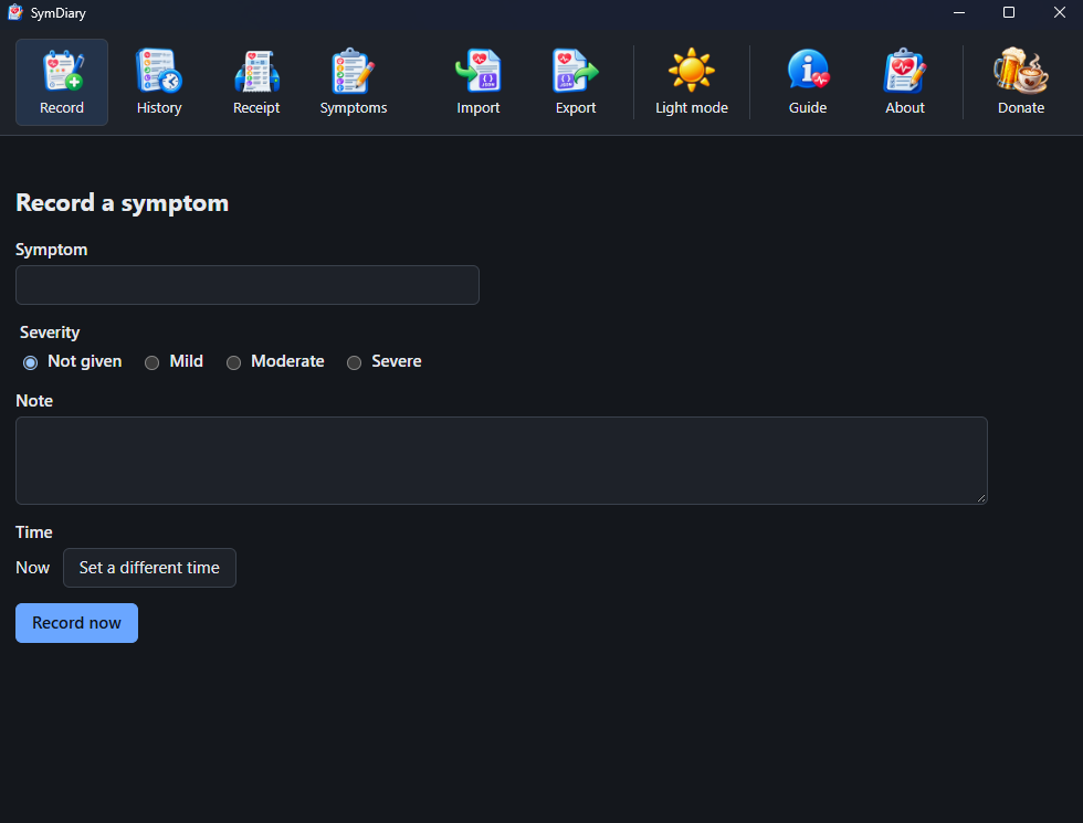 The SymDiary window showing the recording form: a symptom, a severity, a note and the time.